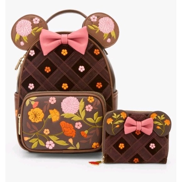 Disney Handbags - NWT Disney Minnie Mouse Velvet Floral Interchangeable Ears Backpack & WALLET SET